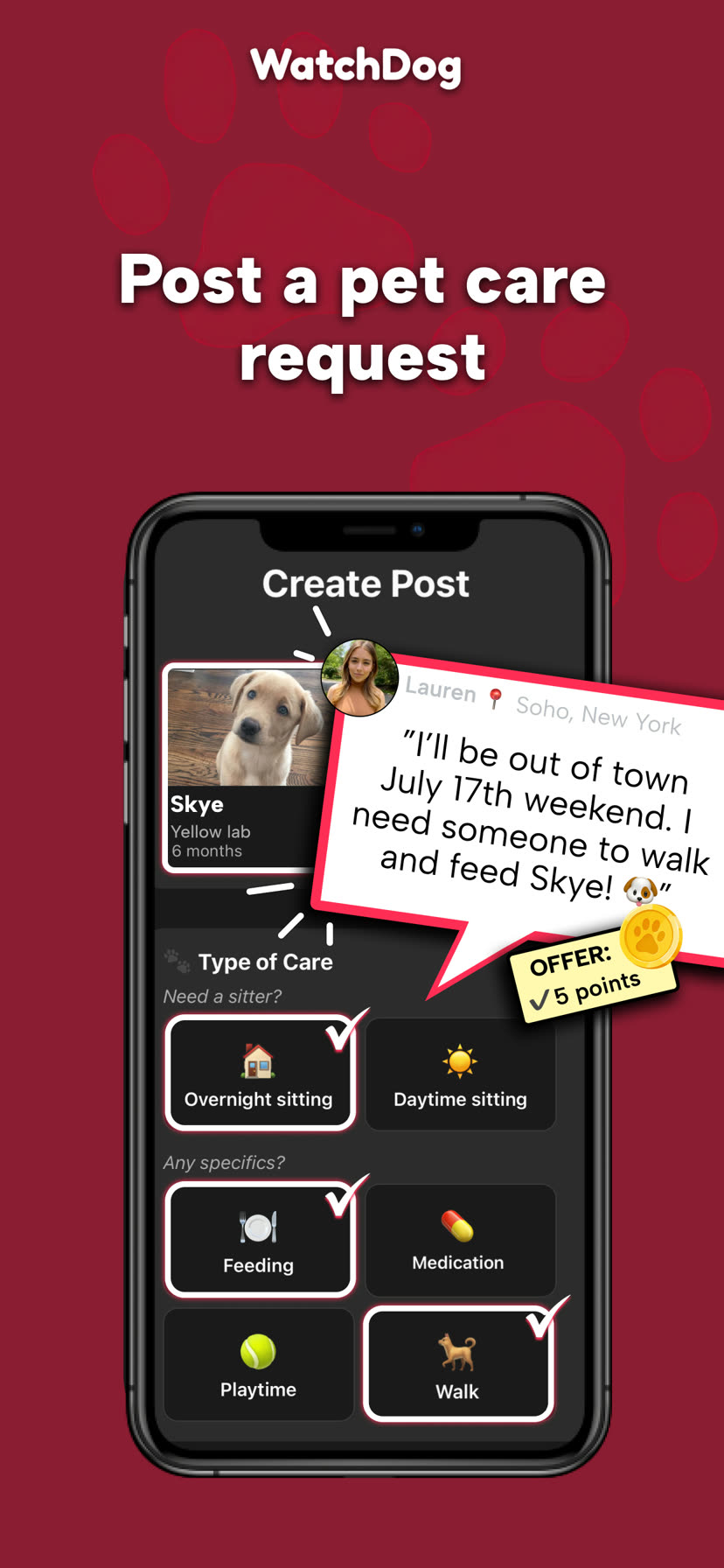WatchDog step 1: post a pet care request in the app